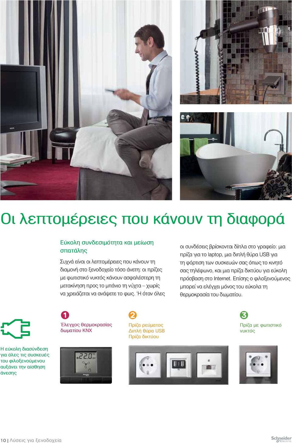 Η όταν όλες οι συνδέσεις βρίσκονται δίπλα στο γραφείο: μια πρίζα για το laptop, μια διπλή θύρα USB για τη φόρτιση των συσκευών σας όπως το κινητό σας τηλέφωνο, και μια πρίζα δικτύου για εύκολη