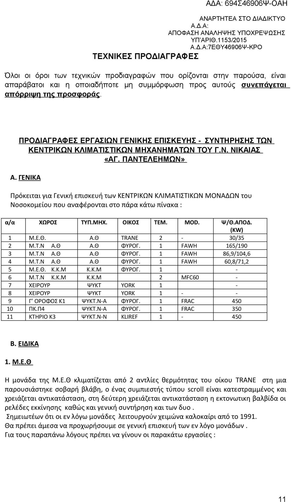 ΓΕΝΙΚΑ Πρόκειται για Γενική επισκευή των ΚΕΝΤΡΙΚΩΝ ΚΛΙΜΑΤΙΣΤΙΚΩΝ ΜΟΝΑΔΩΝ του Νοσοκομείου που αναφέρονται στο πάρα κάτω πίνακα : α/α ΧΩΡΟΣ ΤΥΠ.ΜΗΧ. ΟΙΚΟΣ ΤΕΜ. MOD. Ψ/Θ.ΑΠΟΔ. (KW) 1 Μ.Ε.Θ. Α.