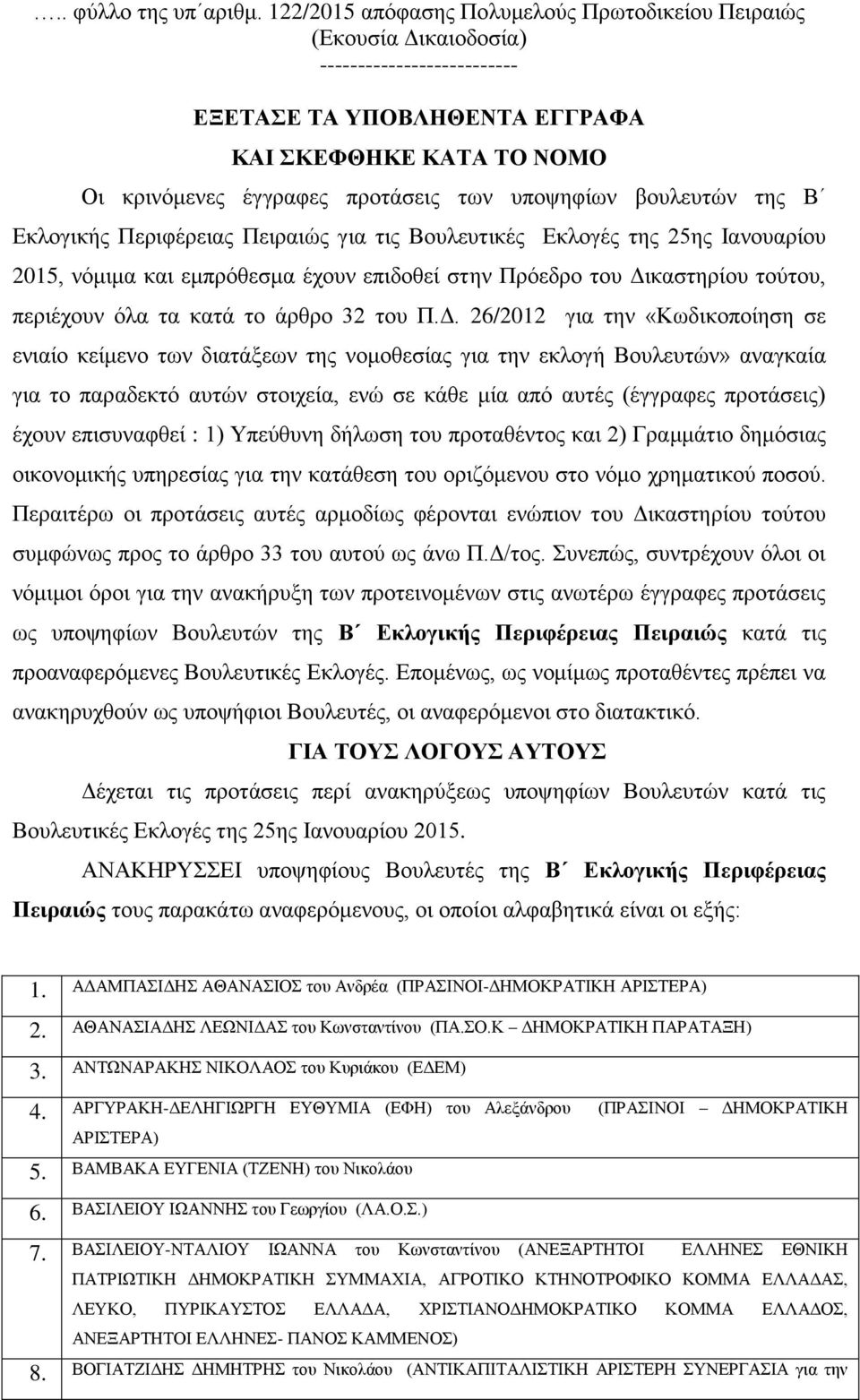 υποψηφίων βουλευτών της Β Εκλογικής Περιφέρειας Πειραιώς για τις Βουλευτικές Εκλογές της 25ης Ιανουαρίου 2015, νόμιμα και εμπρόθεσμα έχουν επιδοθεί στην Πρόεδρο του Δικαστηρίου τούτου, περιέχουν όλα