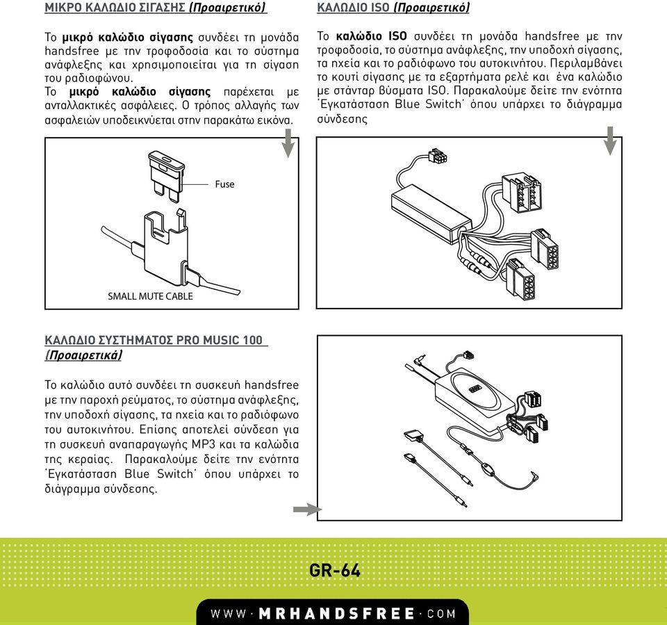 ΚΑΛΩ ΙΟ ISO (Προαιρετικό) Το καλώδιο ISO συνδέει τη µονάδα handsfree µε την τροφοδοσία, το σύστηµα ανάφλεξης, την υποδοχή σίγασης, τα ηχεία και το ραδιόφωνο του αυτοκινήτου.