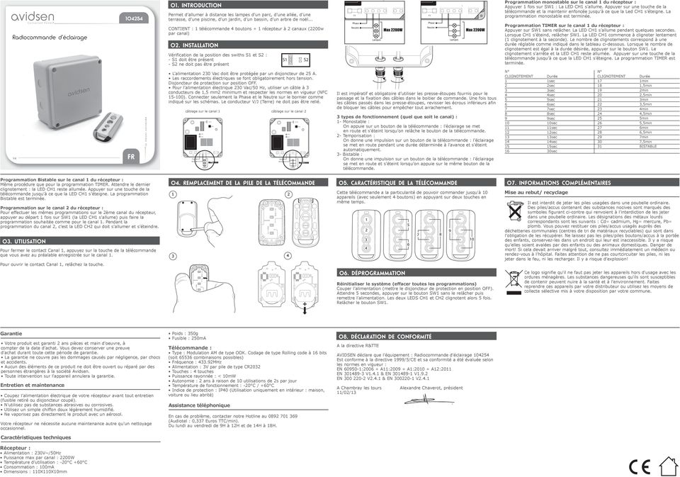 INSTALLATION Vérification de la position des swiths et : - doit être présent - ne doit pas être présent Programmation monostable sur le canal du récepteur : Appuyer fois sur : La LED s allume.