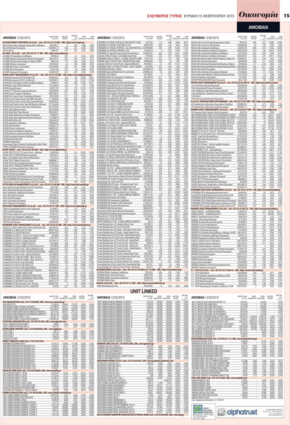 Διαθεσίμων 3993766,11 0-0,04 5,348 5,348 ING Α/Κ Μετοχικό Εσωτερικού 52250831,75 3,86 4,01 6,596 6,467 ING Α/Κ Μικτό 7838133,7 2,19 2,81 2,625 2,586 ALLIANZ Α.Ε.Δ.Α.Κ. - τηλ.