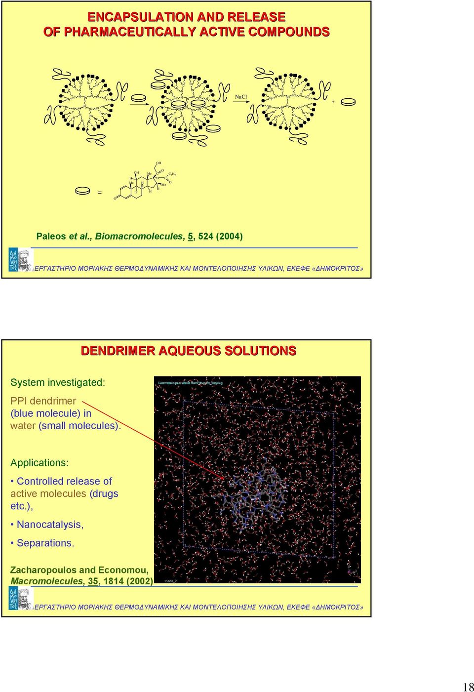 , Biomacromolecules, 5, 524 (2004) DEDRIMER AQUEOUS SOLUTIOS System investigated: PPI dendrimer (blue