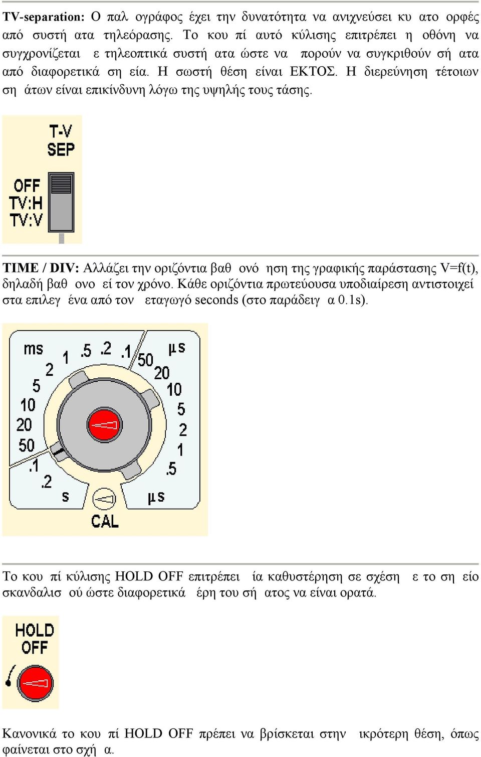 Η διερεύνηση τέτοιων σημάτων είναι επικίνδυνη λόγω της υψηλής τους τάσης. TIME / DIV: Αλλάζει την οριζόντια βαθμονόμηση της γραφικής παράστασης V=f(t), δηλαδή βαθμονομεί τον χρόνο.