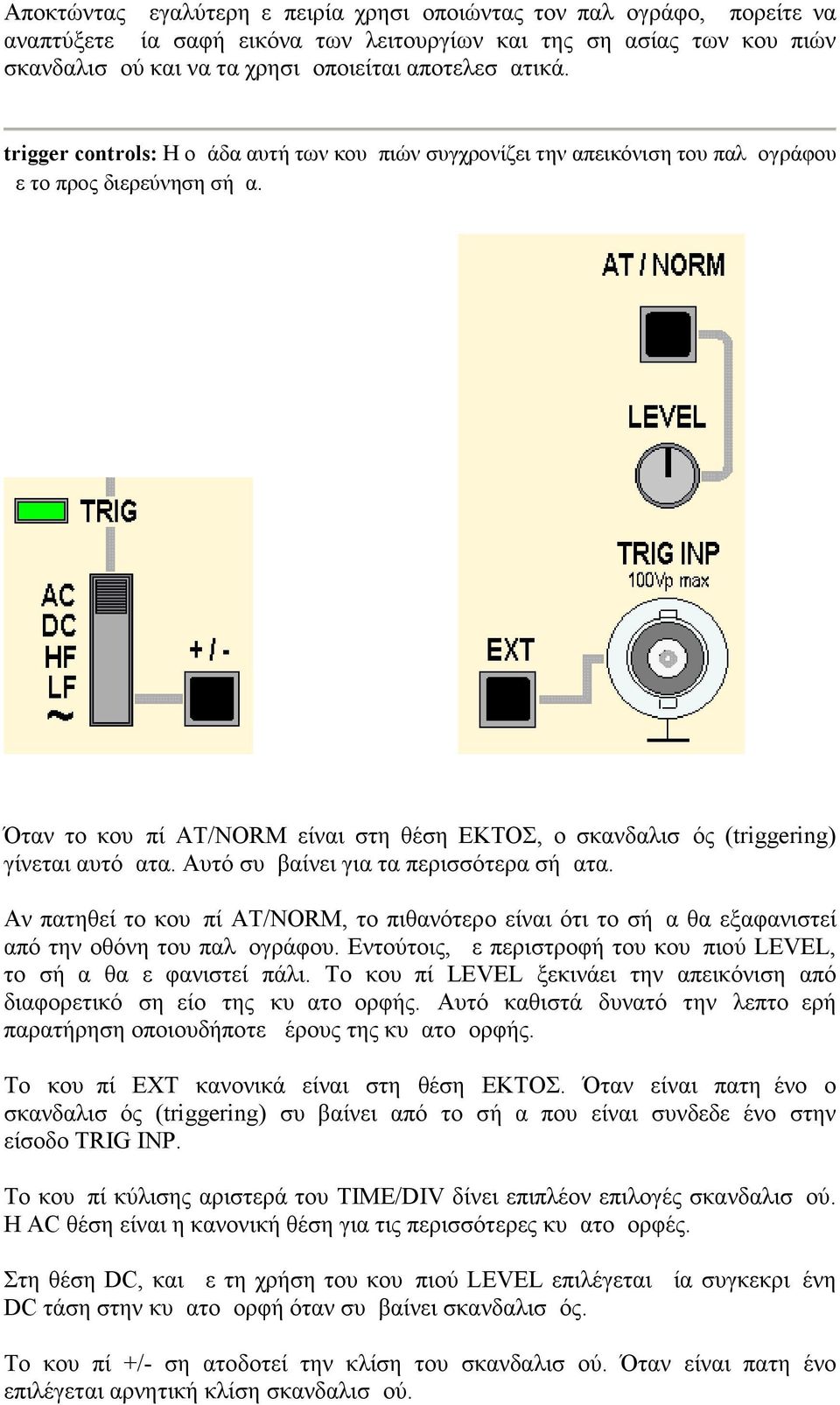 Όταν το κουμπί AT/NORM είναι στη θέση ΕΚΤΟΣ, ο σκανδαλισμός ( triggering) γίνεται αυτόματα. Αυτό συμβαίνει για τα περισσότερα σήματα.