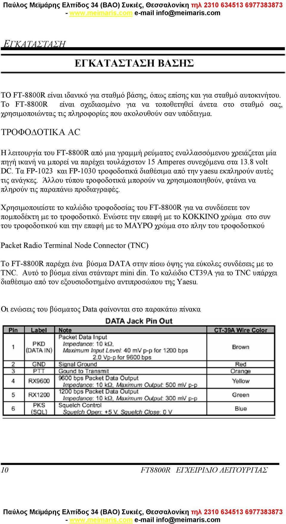 ΤΡΟΦΟ ΟΤΙΚΑ AC Η λειτουργία του FT-8800R από µια γραµµή ρεύµατος εναλλασσόµενου χρειάζεται µία πηγή ικανή να µπορεί να παρέχει τουλάχιστον 15 Amperes συνεχόµενα στα 13.8 volt DC.