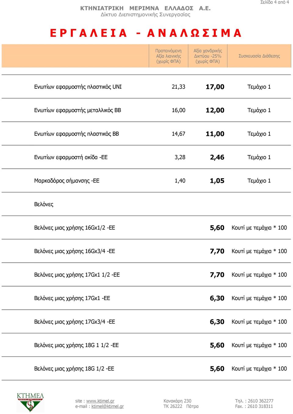 Βελόνες µιας χρήσης 16Gx3/4 -ΕΕ 7,70 Κουτί µε τεµάχια * 100 Βελόνες µιας χρήσης 17Gx1 1/2 -ΕΕ 7,70 Κουτί µε τεµάχια * 100 Βελόνες µιας χρήσης 17Gx1 -ΕΕ 6,30 Κουτί µε τεµάχια