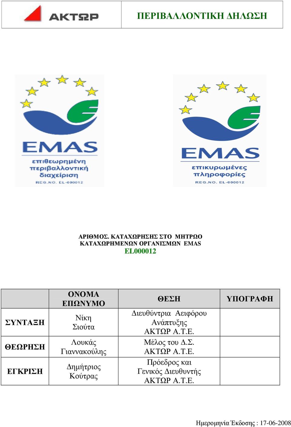 ΕΓΚΡΙΣΗ ΟΝΟΜΑ ΕΠΩΝΥΜΟ Νίκη Σιούτα Λουκάς Γιαννακούλης ηµήτριος Κούτρας ΘΕΣΗ