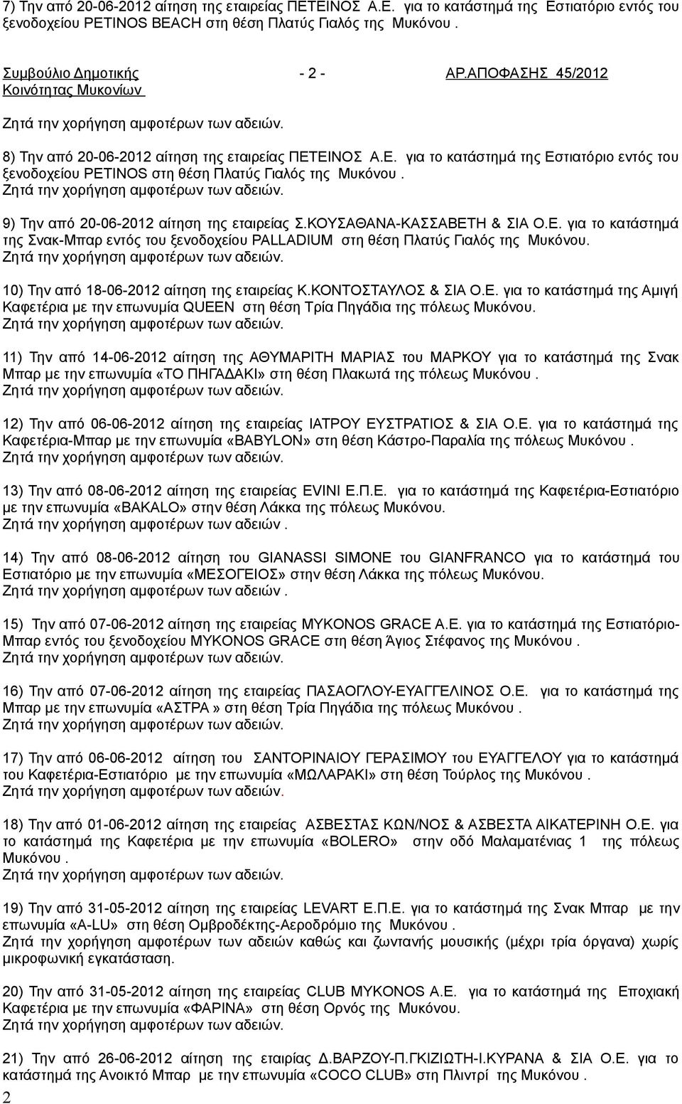 9) Την από 20-06-2012 αίτηση της εταιρείας Σ.ΚΟΥΣΑΘΑΝΑ-ΚΑΣΣΑΒΕΤΗ & ΣΙΑ Ο.Ε. για το κατάστημά της Σνακ-Μπαρ εντός του ξενοδοχείου PALLADIUM στη θέση Πλατύς Γιαλός της Μυκόνου.