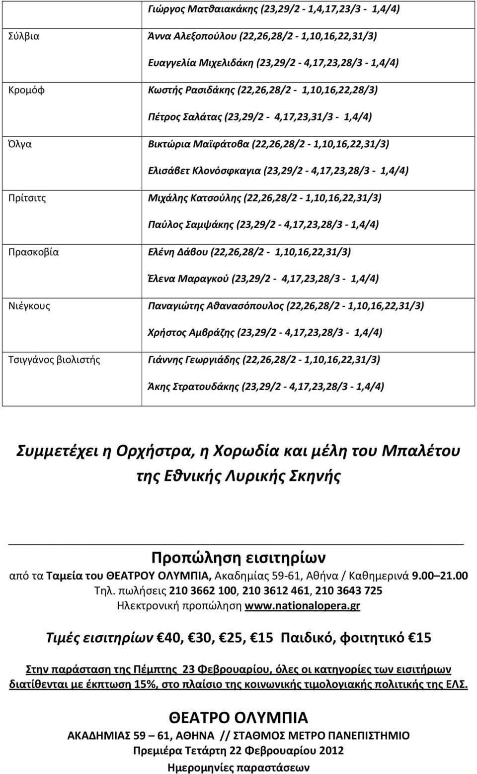 Κατσούλης (22,26,28/2-1,10,16,22,31/3) Παύλος Σαμψάκης (23,29/2-4,17,23,28/3-1,4/4) Πρασκοβία Ελένη Δάβου (22,26,28/2-1,10,16,22,31/3) Έλενα Μαραγκού (23,29/2-4,17,23,28/3-1,4/4) Νιέγκους Παναγιώτης