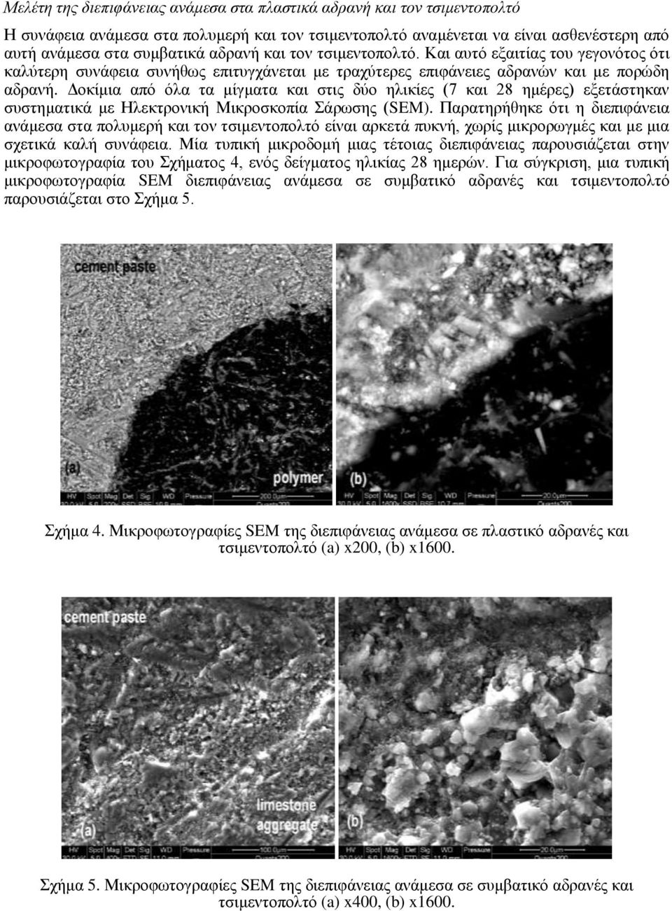 Δοκίμια από όλα τα μίγματα και στις δύο ηλικίες (7 και 28 ημέρες) εξετάστηκαν συστηματικά με Ηλεκτρονική Μικροσκοπία Σάρωσης (SEM).