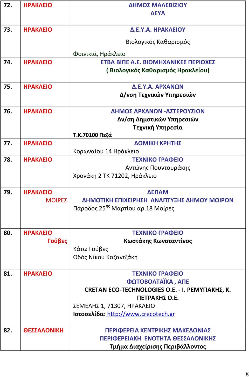 ΗΡΑΚΛΕΙΟ ΔΟΜΙΚΗ ΚΡΗΤΗΣ Κορωναίου 14 Ηράκλειο 78. ΗΡΑΚΛΕΙΟ ΤΕΧΝΙΚΟ ΓΡΑΦΕΙΟ Αντώνης Πουντουράκης Χρονάκη 2 ΤΚ 71202, Ηράκλειο 79.