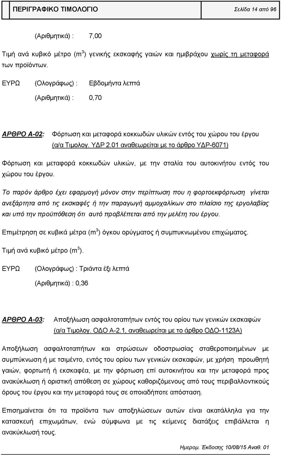 01 αναθεωρείται με το άρθρο ΥΔΡ-6071) Φόρτωση και μεταφορά κοκκωδών υλικών, με την σταλία του αυτοκινήτου εντός του χώρου του έργου.