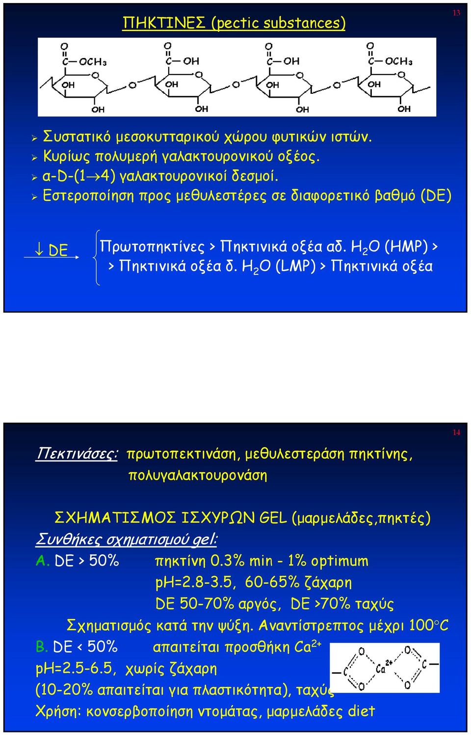 H 2 O (LMP) > Πηκτινικά oξέα 14 Πεκτινάσες: πρωτοπεκτινάση, µεθυλεστεράση πηκτίνης, πολυγαλακτουρονάση ΣΧΗΜΑΤΙΣΜΟΣ ΙΣΧΥΡΩΝ GEL (µαρµελάδες,πηκτές) Συνθήκες σχηµατισµού gel: Α.