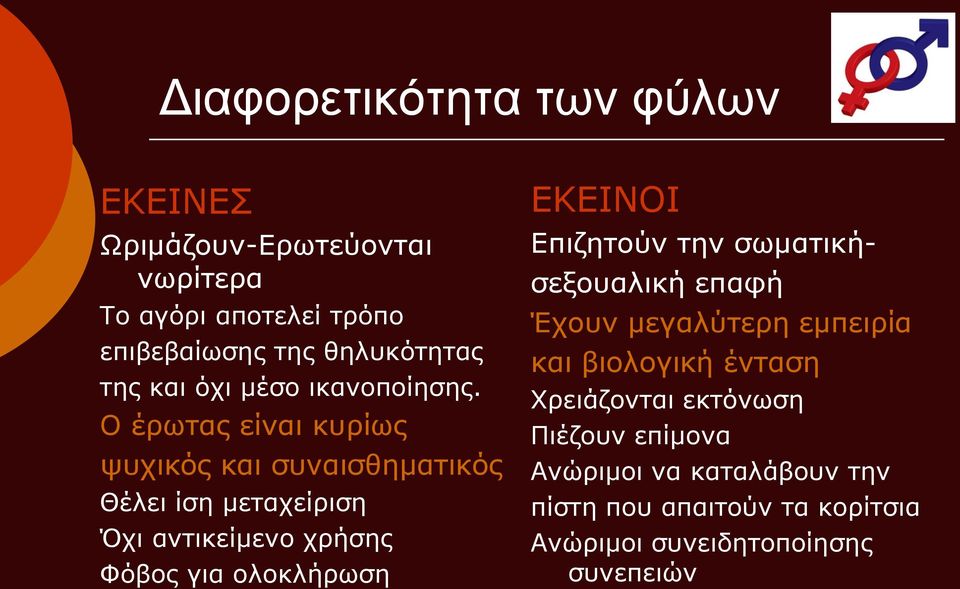 Ο έρωτας είναι κυρίως ψυχικός και συναισθηματικός Θέλει ίση μεταχείριση Όχι αντικείμενο χρήσης Φόβος για ολοκλήρωση