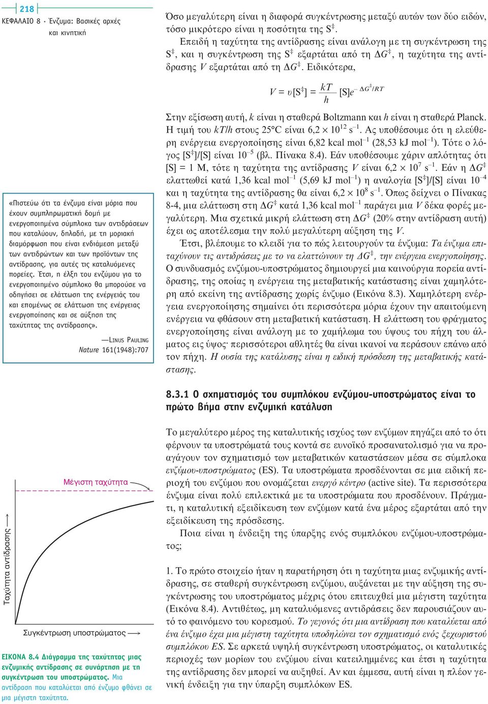 Ειδικότερα, kt V = υ [S ] = [S]e G /RT h «Πιστεύω ότι τα ένζυµα είναι µόρια που έχουν συµπληρωµατική δοµή µε ενεργοποιηµένα σύµπλοκα των αντιδράσεων που καταλύουν, δηλαδή, µε τη µοριακή διαµόρφωση