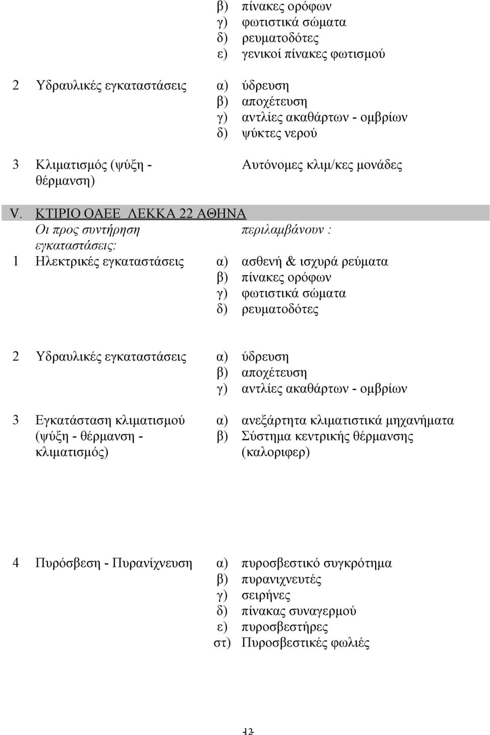 ΚΤΙΡΙΟ ΟΑΕΕ ΛΕΚΚΑ 22 ΑΘΗΝΑ Οι προς συντήρηση περιλαμβάνουν : εγκαταστάσεις: 1 Ηλεκτρικές εγκαταστάσεις α) ασθενή & ισχυρά ρεύματα β) πίνακες ορόφων γ) φωτιστικά σώματα δ) ρευματοδότες 2 Υδραυλικές