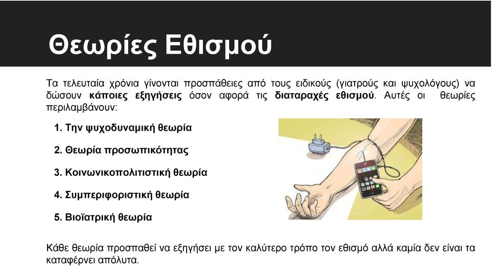 Την ψυχοδυναμική θεωρία 2. Θεωρία προσωπικότητας 3. Κοινωνικοπολιτιστική θεωρία 4. Συμπεριφοριστική θεωρία 5.