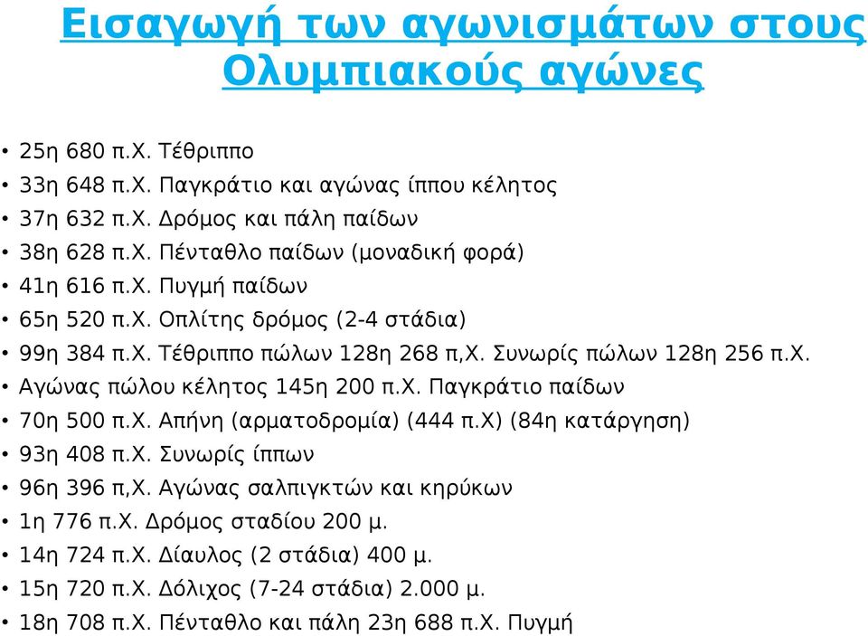 χ. Απήνη (αρματοδρομία) (444 π.χ) (84η κατάργηση) 93η 408 π.χ. Συνωρίς ίππων 96η 396 π,χ. Αγώνας σαλπιγκτών και κηρύκων 1η 776 π.χ. Δρόμος σταδίου 200 μ. 14η 724 π.χ. Δίαυλος (2 στάδια) 400 μ.