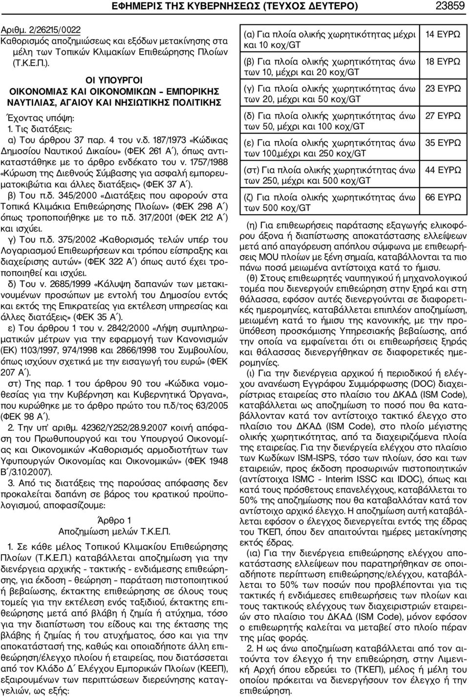 1757/1988 «Κύρωση της Διεθνούς Σύμβασης για ασφαλή εμπορευ ματοκιβώτια και άλλες διατάξεις» (ΦΕΚ 37 Α ). β) Του π.δ. 345/2000 «Διατάξεις που αφορούν στα Τοπικά Κλιμάκια Επιθεώρησης Πλοίων» (ΦΕΚ 298 Α ) όπως τροποποιήθηκε με το π.