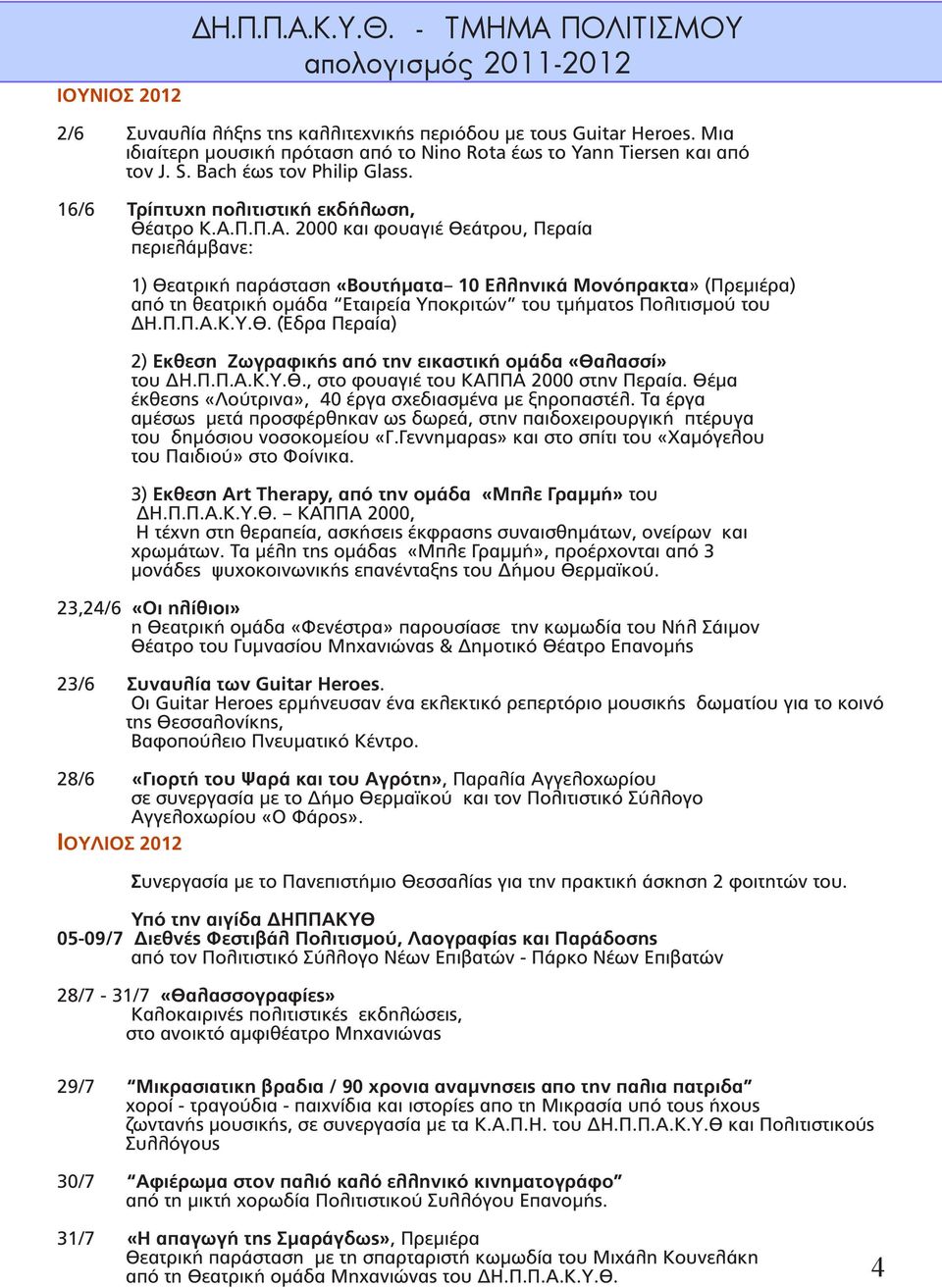 Π.Π.Α. 2000 και φουαγιέ Θεάτρου, Περαία περιελάμβανε: 1) Θεατρική παράσταση «Βουτήματα 10 Ελληνικά Μονόπρακτα» (Πρεμιέρα) από τη θεατρική ομάδα Εταιρεία Υποκριτών του τμήματος Πολιτισμού του ΔΗ.Π.Π.Α.Κ.