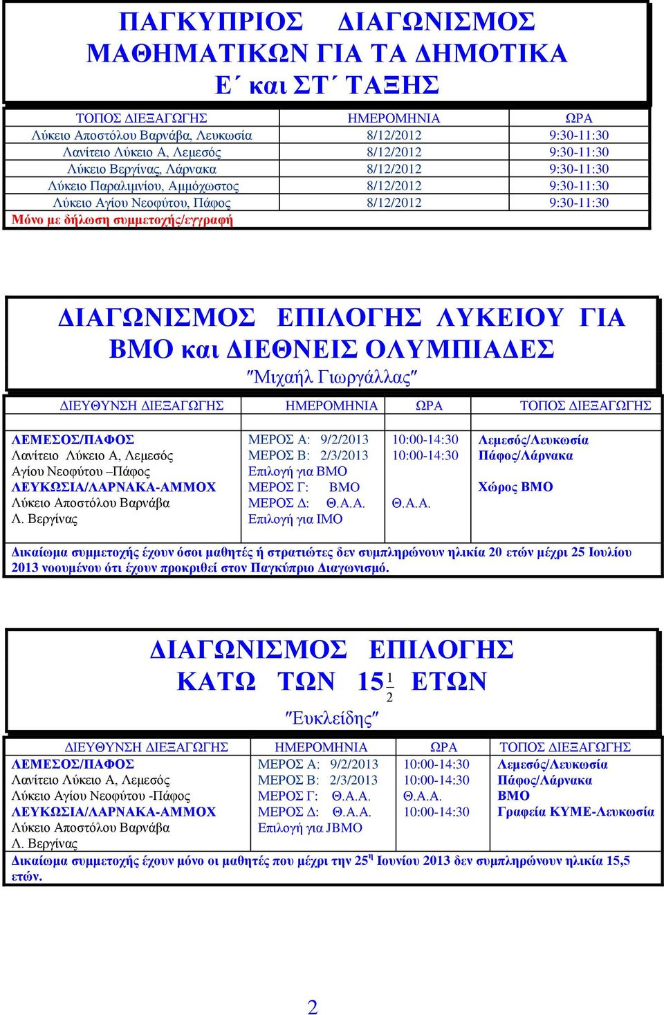 ΟΛΥΜΠΙΑΔΕΣ Μιχαήλ Γιωργάλλας ΔΙΕΥΘΥΝΣΗ ΔΙΕΞΑΓΩΓΗΣ ΗΜΕΡΟΜΗΝΙΑ ΩΡΑ Αγίου Νεοφύτου Πάφος ΛΕΥΚΩΣΙΑ/ΛΑΡΝΑΚΑ-ΑΜΜΟΧ Λύκειο Αποστόλου Βαρνάβα Λ.