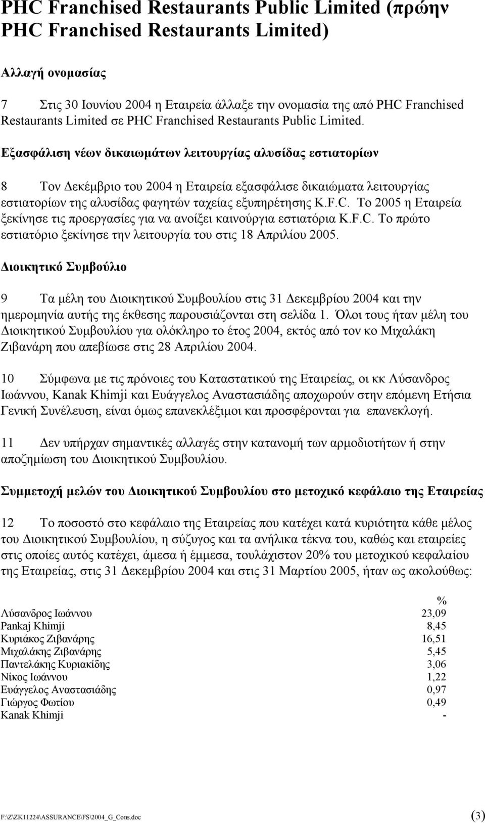 Το 2005 η Εταιρεία ξεκίνησε τις προεργασίες για να ανοίξει καινούργια εστιατόρια K.F.C. Το πρώτο εστιατόριο ξεκίνησε την λειτουργία του στις 18 Απριλίου 2005.