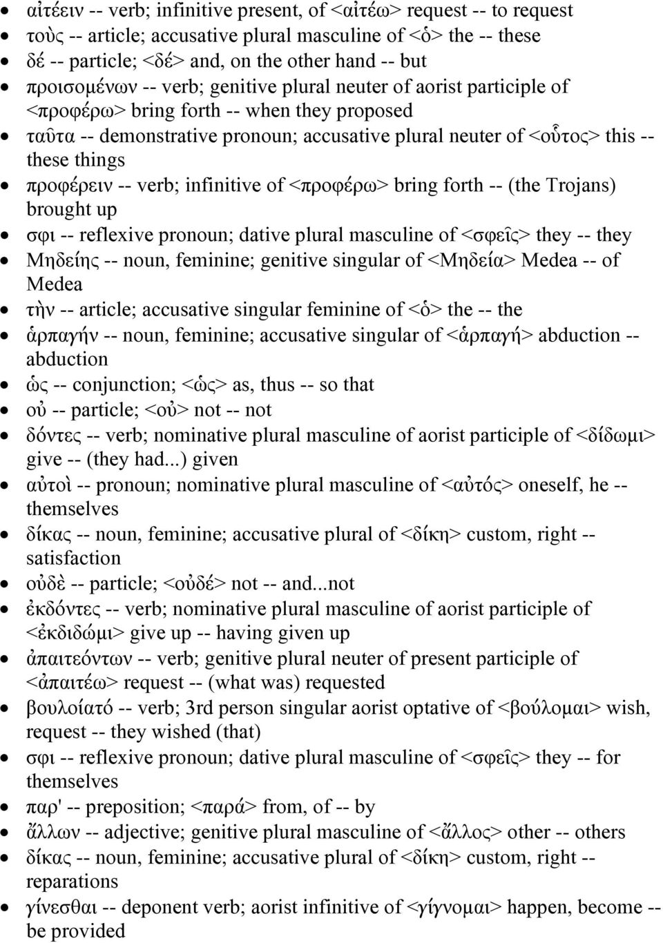 -- verb; infinitive of <προφέρω> bring forth -- (the Trojans) brought up σφι -- reflexive pronoun; dative plural masculine of <σφεῖς> they -- they Μηδείης -- noun, feminine; genitive singular of