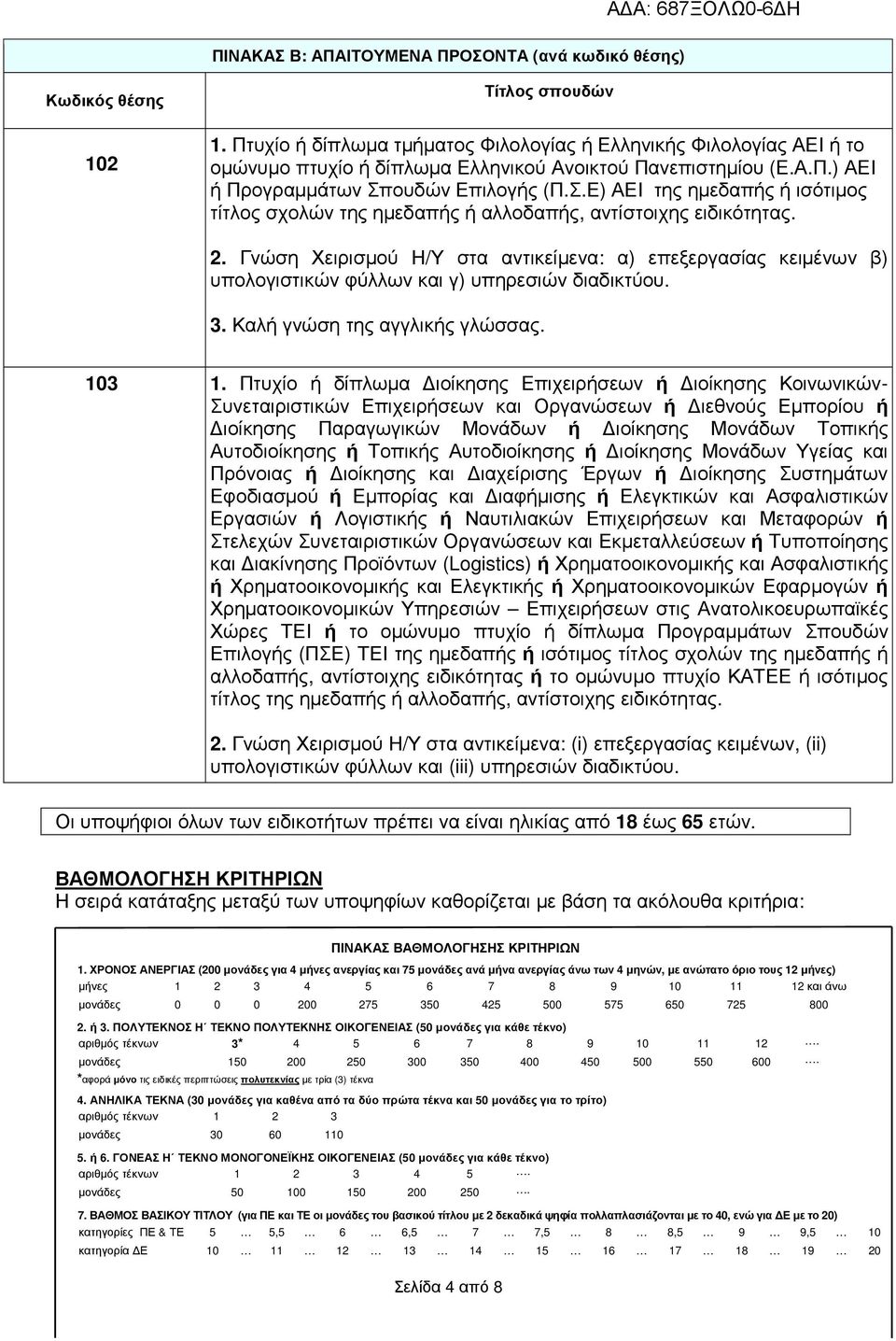 ουδών Επιλογής (Π.Σ.Ε) ΑΕΙ της ηµεδαπής ή ισότιµος τίτλος σχολών της ηµεδαπής ή αλλοδαπής, αντίστοιχης ειδικότητας. 2.