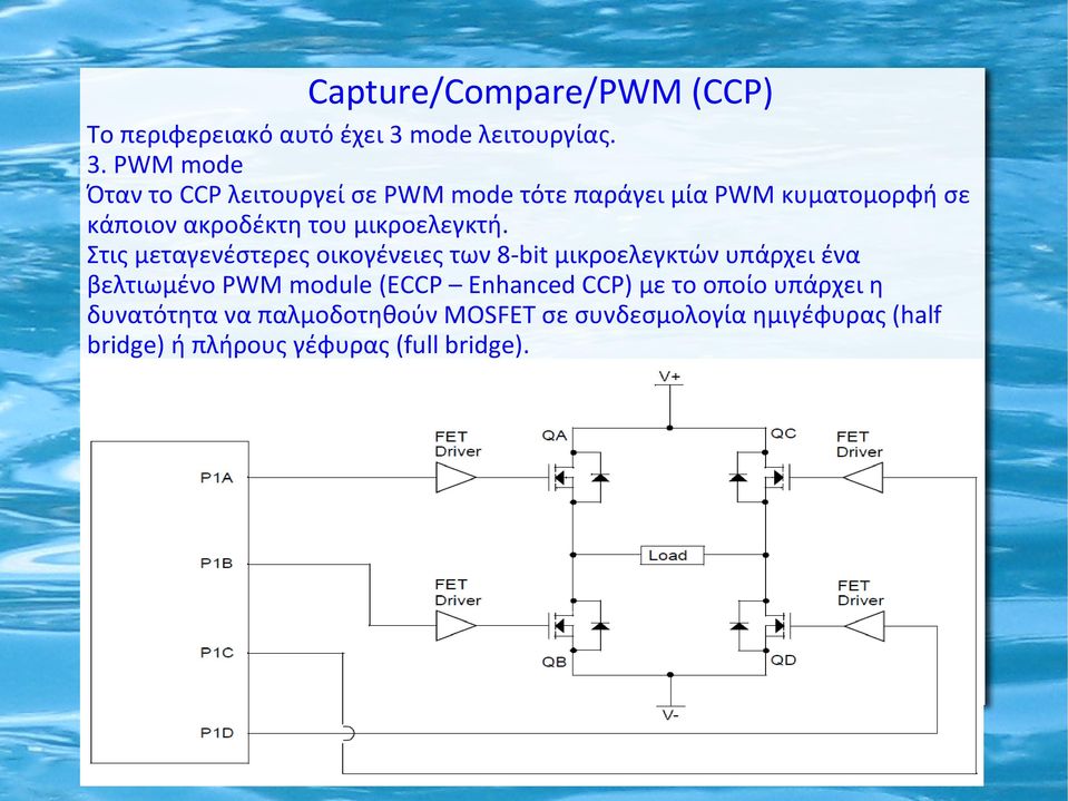 PWM mode Όταν το CCP λειτουργεί σε PWM mode τότε παράγει μία PWM κυματομορφή σε κάποιον ακροδέκτη του