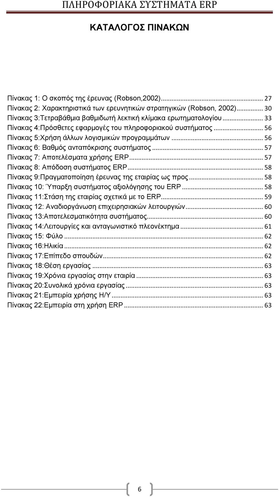 .. 56 Πίνακας 6: Βαθμός ανταπόκρισης συστήματος... 57 Πίνακας 7: Αποτελέσματα χρήσης ERP... 57 Πίνακας 8: Απόδοση συστήματος ERP... 58 Πίνακας 9:Πραγματοποίηση έρευνας της εταιρίας ως προς.