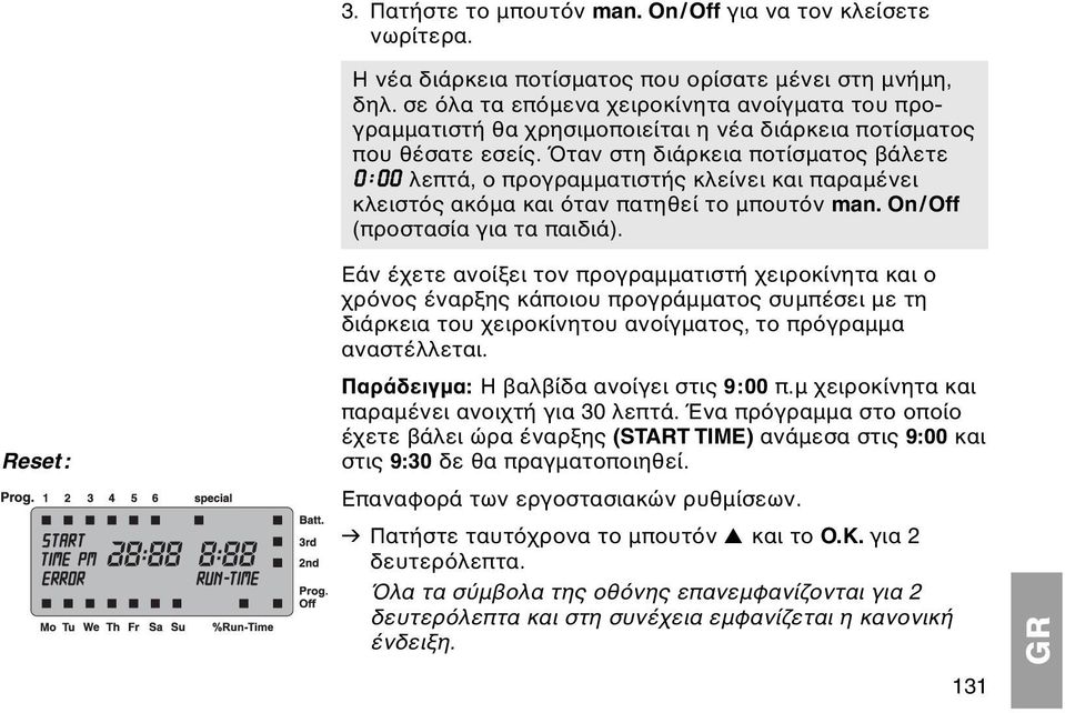 ταν στη διάρκεια ποτίσµατος βάλετε 0 : 00 λεπτά, ο προγραµµατιστής κλείνει και παραµένει κλειστ ς ακ µα και ταν πατηθεί το µπουτ ν man. On/Off (προστασία για τα παιδιά).