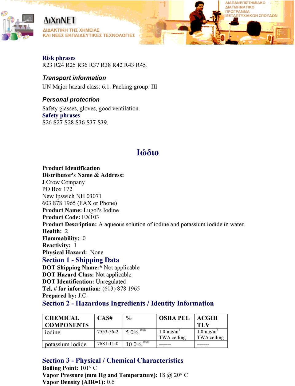 Crow Company PO Box 172 New Ipswich NH 03071 603 878 1965 (FAX or Phone) Product Name: Lugol's Iodine Product Code: EX103 Product Description: A aqueous solution of iodine and potassium iodide in