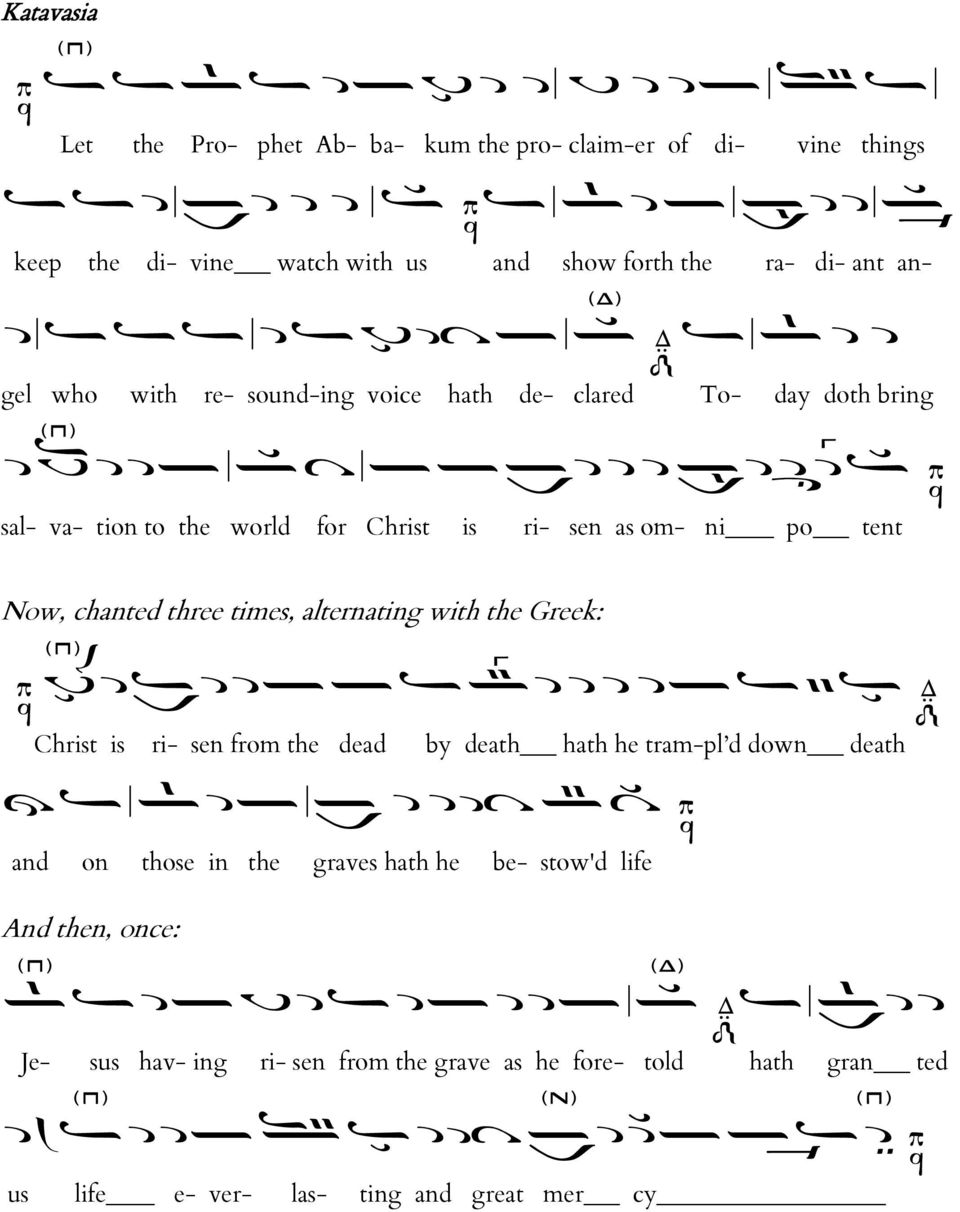 chanted three times, alternating with the Greek: Christ is ri- sen from the dead by death hath he tram-pl d down death and on those in the graves