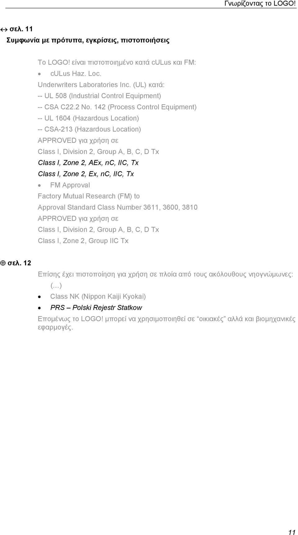 142 (Process Control Equipment) -- UL 1604 (Hazardous Location) -- CSA-213 (Hazardous Location) APPROVED για χρήση σε Class I, Division 2, Group A, B, C, D Tx Class I, Zone 2, AEx, nc, IIC, Tx Class