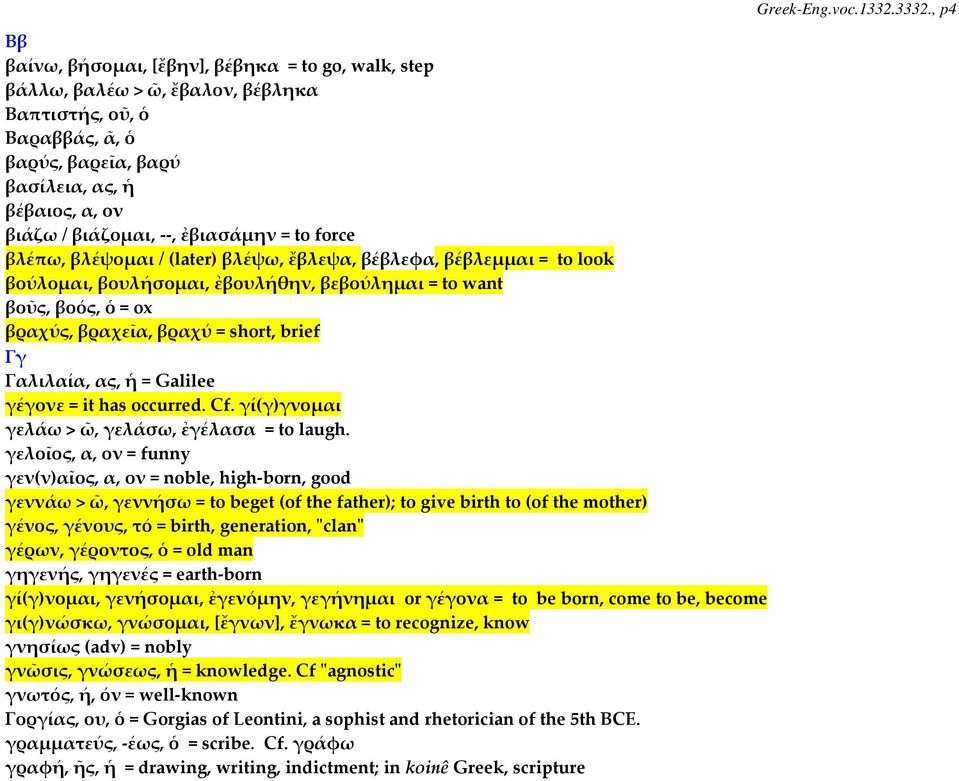 Γαλιλαία, ας, ἡ = Galilee γέγονε = it has occurred. Cf. γί(γ)γνομαι γελάω > ῶ, γελάσω, ἐγέλασα = to laugh.