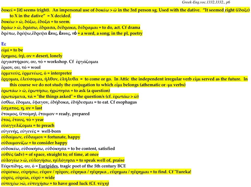 Cf drama δρέπω, δρέψω,ἔδρεψα ἔπος, ἔπους, τό = a word, a song; in the pl, poetry Εε εἰμί = to be ἔρημος, (η), ον = desert, lonely ἐργαστήριον, ου, τό = workshop.