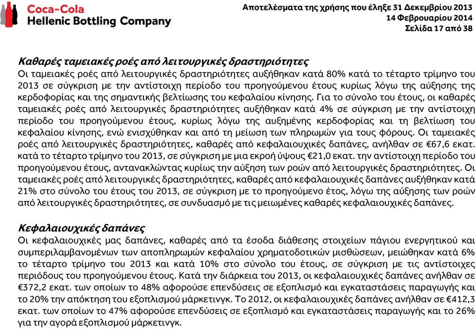 Για το σύνολο του έτους, οι καθαρές ταμειακές ροές από λειτουργικές δραστηριότητες αυξήθηκαν κατά 4% σε σύγκριση με την αντίστοιχη περίοδο του προηγούμενου έτους, κυρίως λόγω της αυξημένης