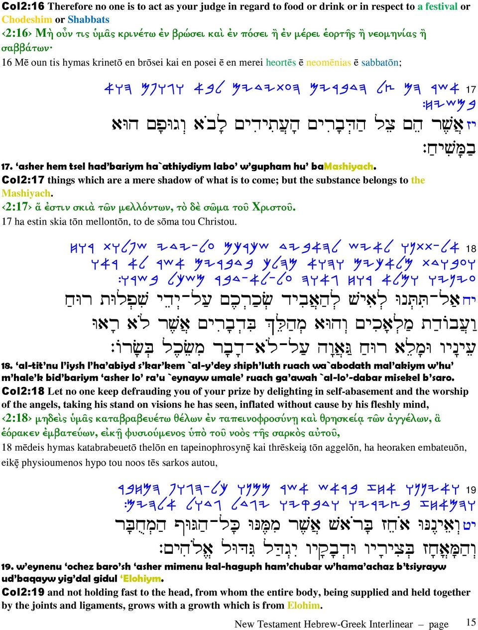 asher hem tsel had bariym ha`athiydiym labo w gupham hu bamashiyach. Col2:17 things which are a mere shadow of what is to come; but the substance belongs to the Mashiyach.