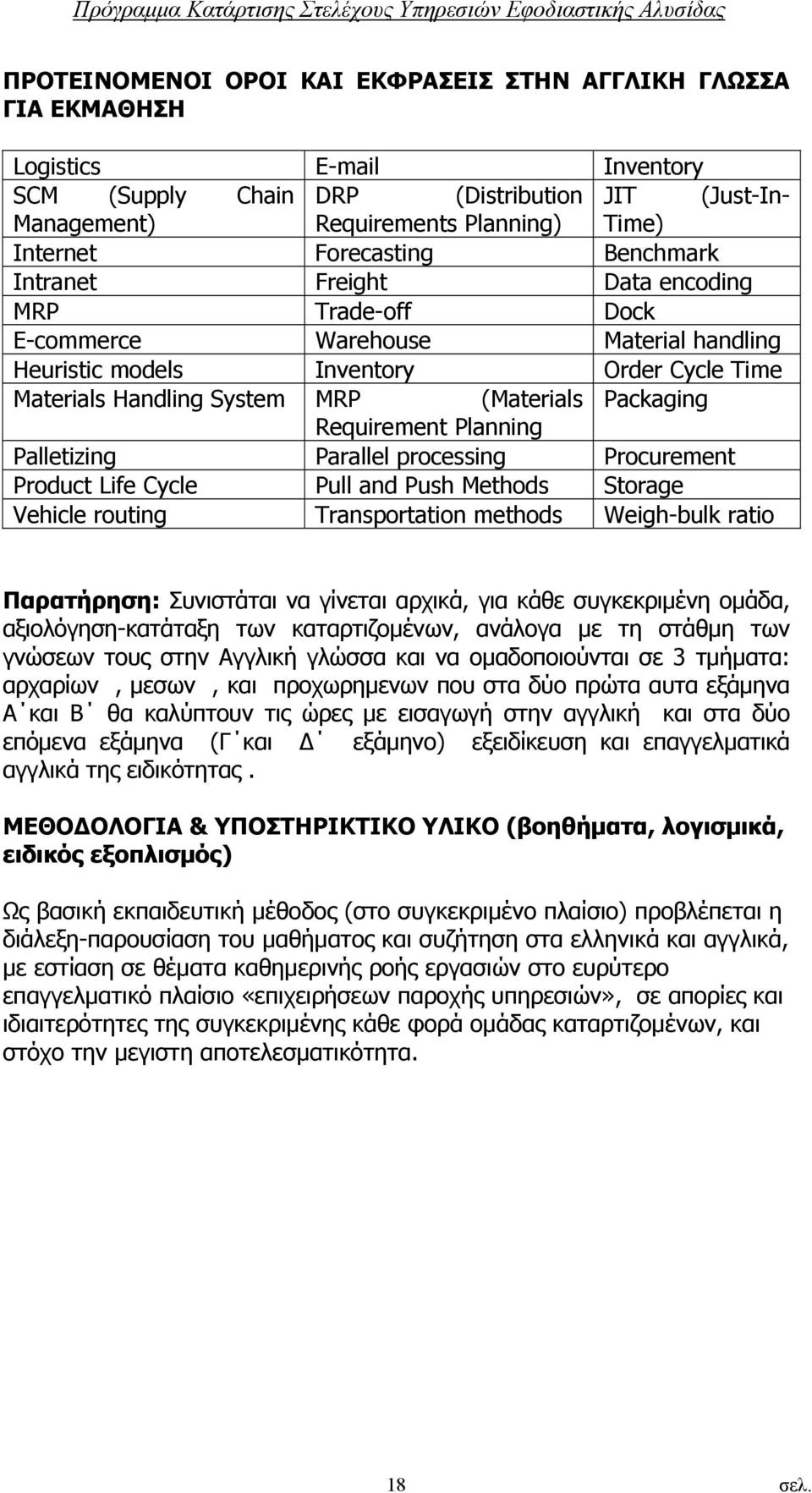 Packaging Requirement Planning Palletizing Parallel processing Procurement Product Life Cycle Pull and Push Methods Storage Vehicle routing Transportation methods Weigh-bulk ratio Παρατήρηση: