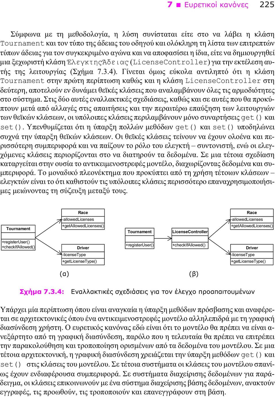 Γίνεται όμως εύκολα αντιληπτό ότι η κλάση Tournament στην πρώτη περίπτωση καθώς και η κλάση LicenseController στη δεύτερη, αποτελούν εν δυνάμει θεϊκές κλάσεις που αναλαμβάνουν όλες τις αρμοδιότητες