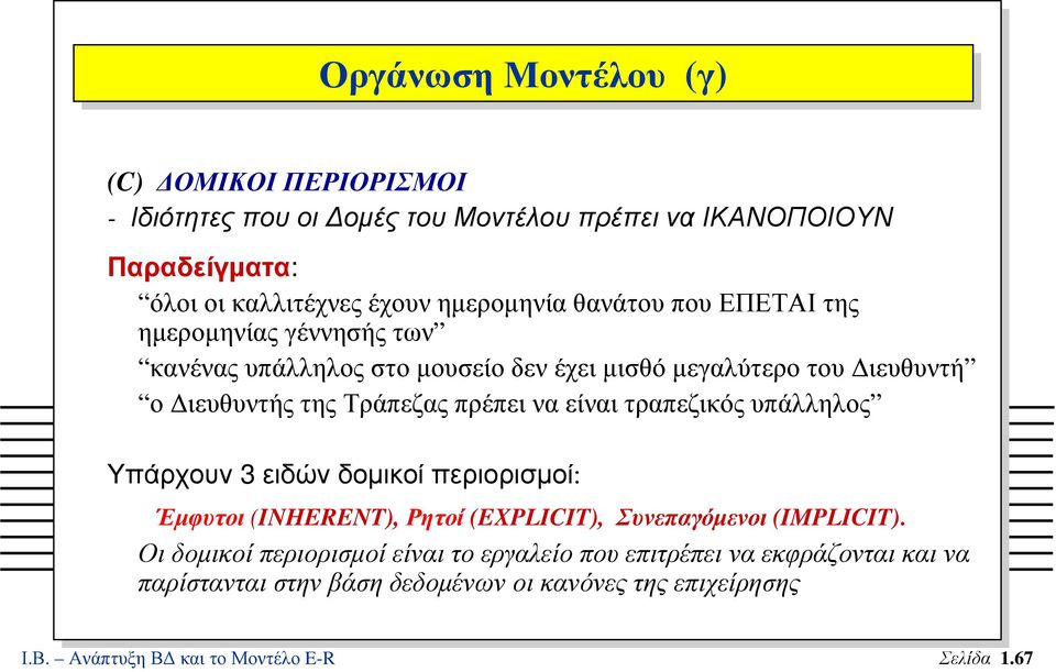 πρέπει να είναι τραπεζικός υπάλληλος Υπάρχουν 3 ειδώνδοµικοίπεριορισµοί: Έµφυτοι (INHERENT), Ρητοί (EXPLICIT), Συνεπαγόµενοι (IMPLICIT).