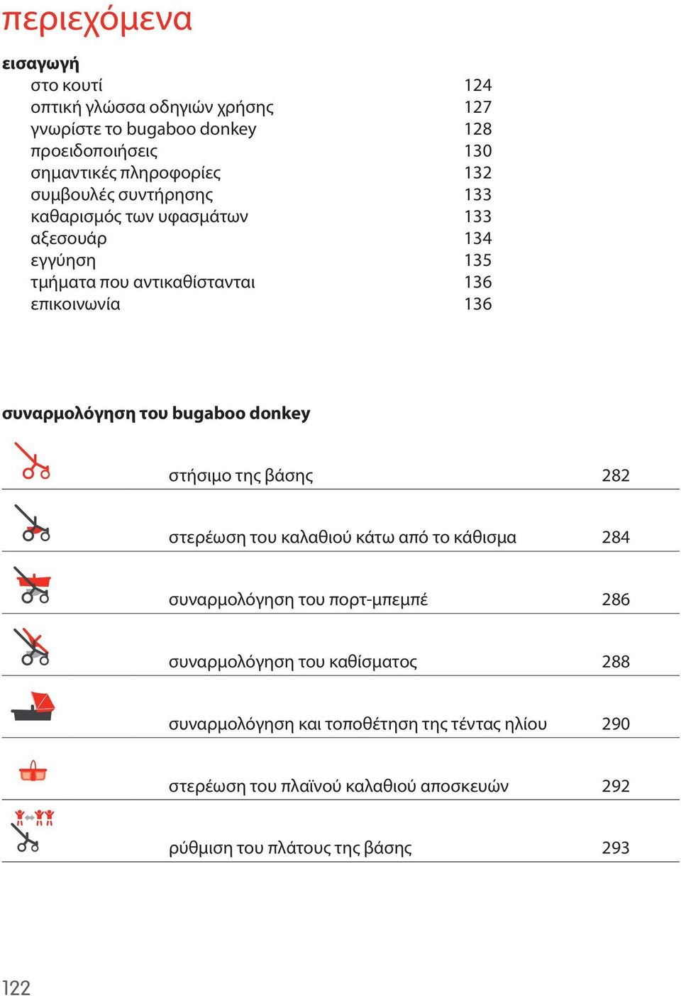 συναρμολόγηση του bugaboo donkey στήσιμο της βάσης 282 στερέωση του καλαθιού κάτω από το κάθισμα 284 συναρμολόγηση του πορτ-μπεμπέ 286