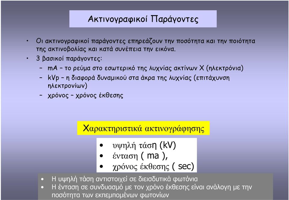 3 βασικοί παράγοντες: ma το ρεύµα στο εσωτερικό της λυχνίας ακτίνων Χ (ηλεκτρόνια) kvp η διαφορά δυναµικού στα άκρα της λυχνίας