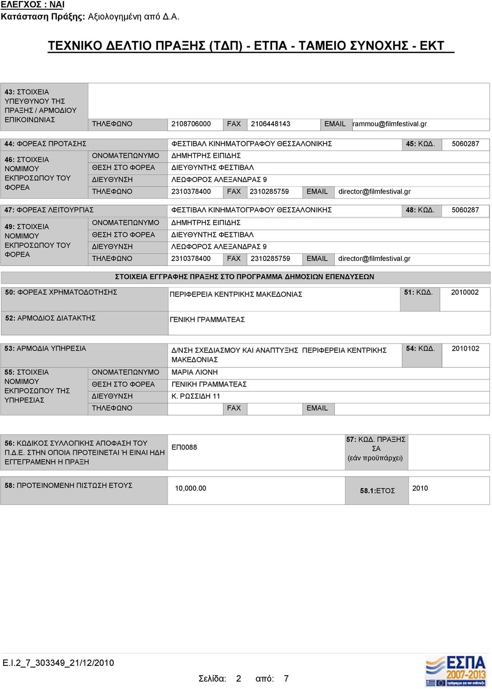 gr 4: ΦΟΡΕΑΣ ΛΕΙΤΟΥΡΓΙΑΣ 49: ΣΤΟΙΧΕΙΑ ΝΟΜΙΜΟΥ ΕΚΠΡΟΣΩΠΟΥ ΤΟΥ ΦΟΡΕΑ ΦΕΣΤΙΒΑΛ ΚΙΝΗΜΑΤΟΓΡΑΦΟΥ ΘΕΣΣΑΛΟΝΙΚΗΣ 48: ΚΩΔ.