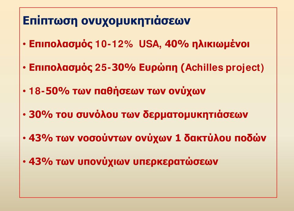 των παθήσεων των ονύχων 30% του συνόλου των δερματομυκητιάσεων