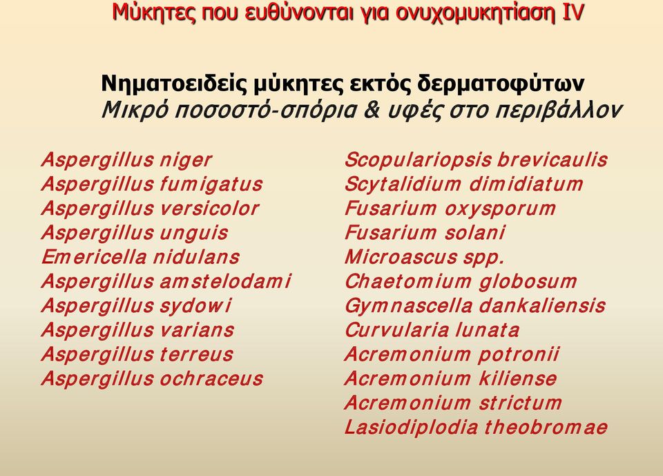 varians Aspergillus terreus Aspergillus ochraceus Scopulariopsis brevicaulis Scytalidium dimidiatum Fusarium oxysporum Fusarium solani Microascus