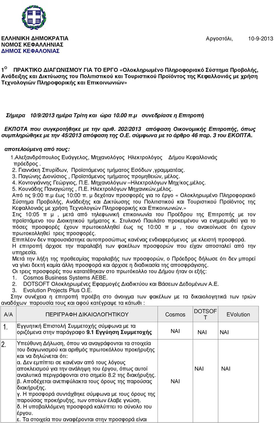 202/2013 απόφαση Οικονοµικής Επιτροπής, όπως συµπληρώθηκε µε την 45/2013 απόφαση της Ο.Ε. σύµφωνα µε το άρθρο 46 παρ. 3 του ΕΚΟΠΤΑ. αποτελούµενη από τους: 1.