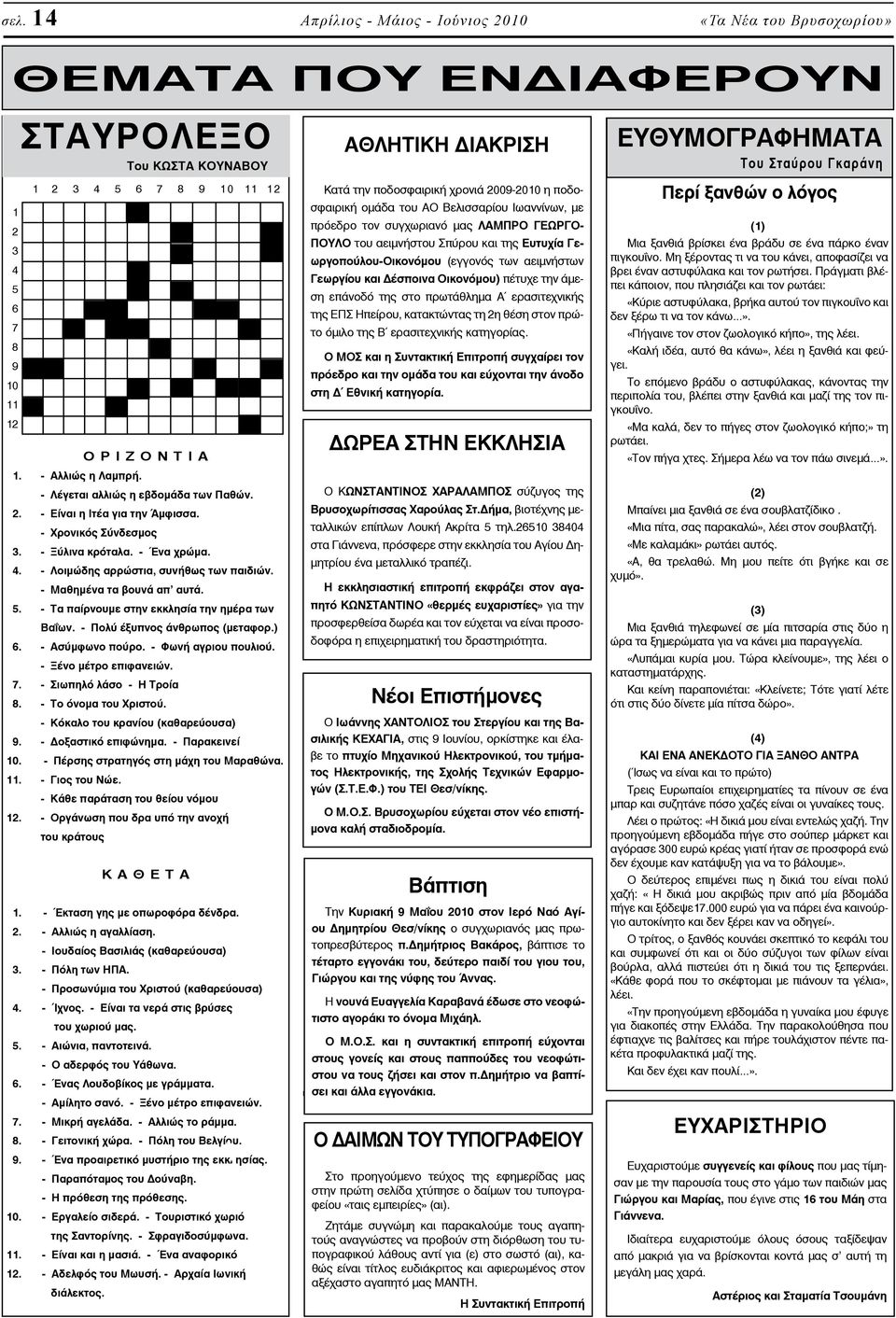 - Μαθημένα τα βουνά απ αυτά. 5. - Τα παίρνουμε στην εκκλησία την ημέρα των Βαΐων. - Πολύ έξυπνος άνθρωπος (μεταφορ.) 6. - Ασύμφωνο πούρο. - Φωνή αγριου πουλιού. - Ξένο μέτρο επιφανειών. 7.