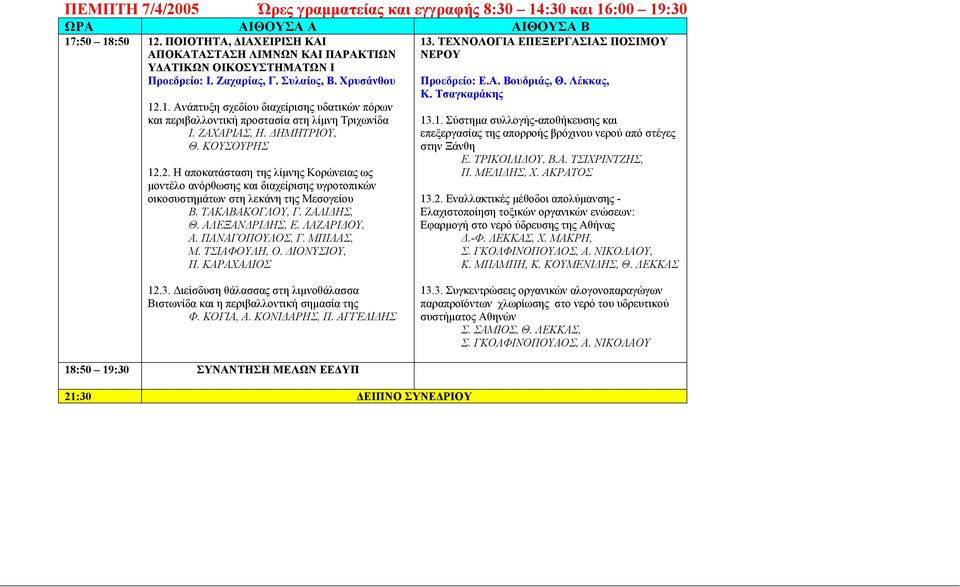 ΤΑΚΑΒΑΚΟΓΛΟΥ, Γ. ΖΑΛΙ ΗΣ, Θ. ΑΛΕΞΑΝ ΡΙ ΗΣ, Ε. ΛΑΖΑΡΙ ΟΥ, Α. ΠΑΝΑΓΟΠΟΥΛΟΣ, Γ. ΜΠΙΛΑΣ, Μ. ΤΣΙΑΦΟΥΛΗ, Ο. ΙΟΝΥΣΙΟΥ, Π. ΚΑΡΑΧΑΛΙΟΣ 13. ΤΕΧΝΟΛΟΓΙΑ ΕΠΕΞΕΡΓΑΣΙΑΣ ΠΟΣΙΜΟΥ ΝΕΡΟΥ Προεδρείο: Ε.Α. Βουδριάς, Θ.